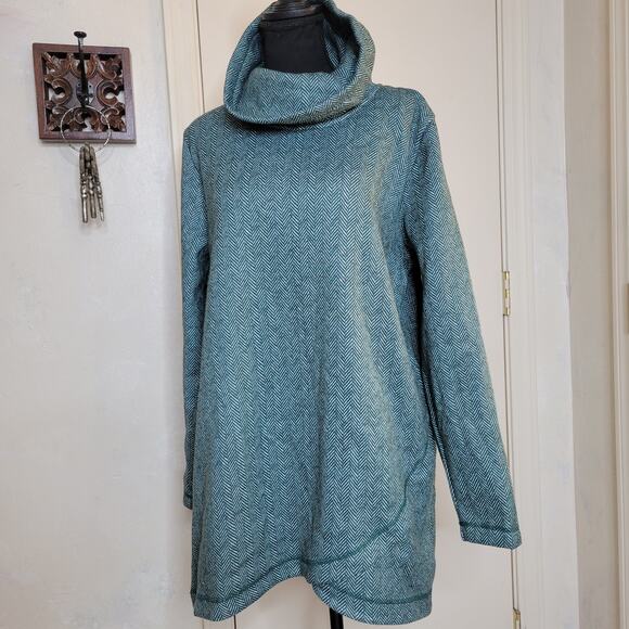 Lands End Cowl Funnel Neck Green Herringbone Fleece Pullover Tunic Sweater✨️L - Picture 13 of 13